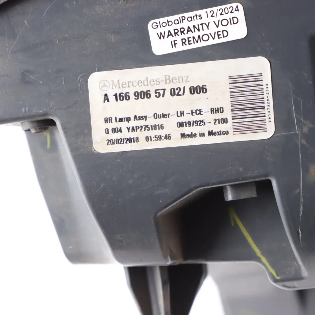 Lamp Tail Light Outer Left N/S Side Lamp to Mercedes W166 Rear with Part number A1669065702 Mercedes W166 Rear Lamp Tail Light Outer Left N/S Side Lamp - SKU A1669065702 - Part number A1669065702