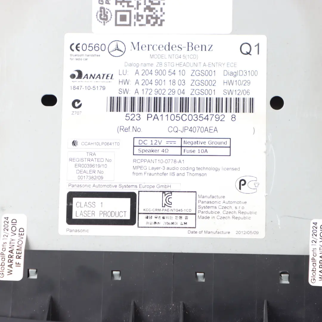 Sat Nav Radio CD Player Radio Head Unit to Mercedes W204 with Part number A2049005410 Mercedes W204 Sat Nav Radio CD Player Radio Head Unit - SKU A2049005410 - Part number A2049005410