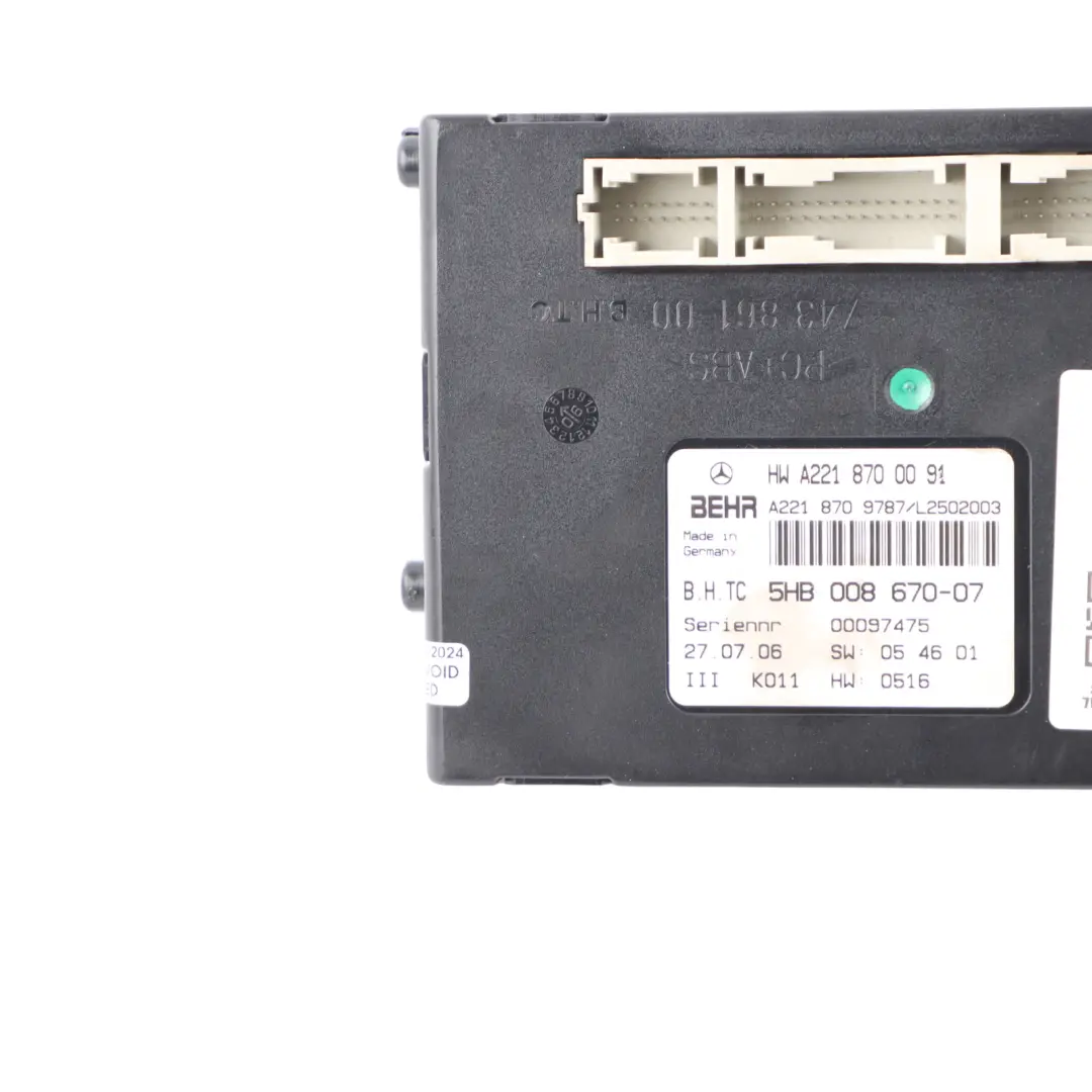 Con Module Mercedes W216 W221 Air Conditioning A/C Control to Air with Part number A2218700091 Air Con Module Mercedes W216 W221 Air Conditioning A/C Control - SKU A2218700091 - Part number A2218700091