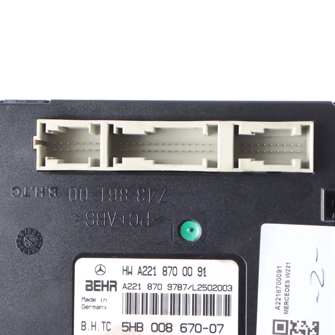 Con Module Mercedes W216 W221 Air Conditioning A/C Control to Air with Part number A2218700091 Air Con Module Mercedes W216 W221 Air Conditioning A/C Control - SKU A2218700091 - Part number A2218700091