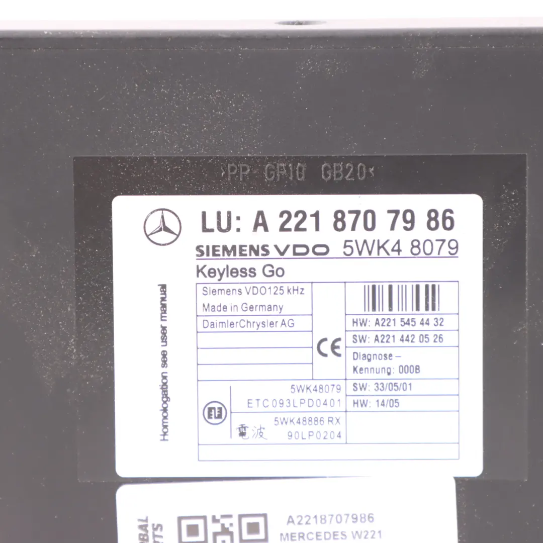Keyless Go Entry Control Module Unit ECU to Mercedes W221 with Part number A2218707986 Mercedes W221 Keyless Go Entry Control Module Unit ECU - SKU A2218707986 - Part number A2218707986