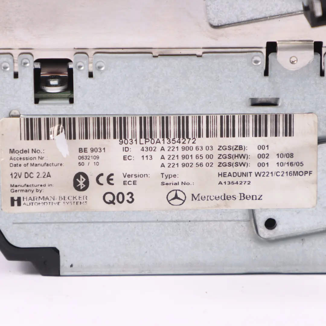 Unità principale radiofonica multimediale per Mercedes W221 con numero di parte A2219006303 Mercedes W221 Unità principale radiofonica multimediale - SKU A2219006303 - Numero di parte A2219006303