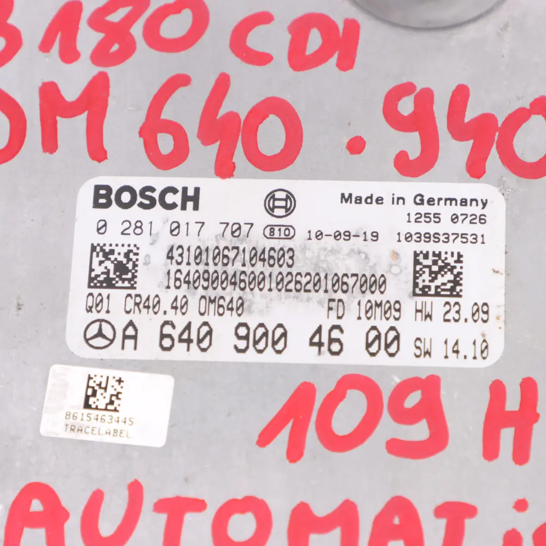 640.940 Motorsteuergerät ECU Automatik für Mercedes W245 B180 CDI mit Teilenummer A6409004600 Mercedes W245 B180 CDI 640.940 Motorsteuergerät ECU Automatik - SKU A6409004600 - Teilenummer A6409004600