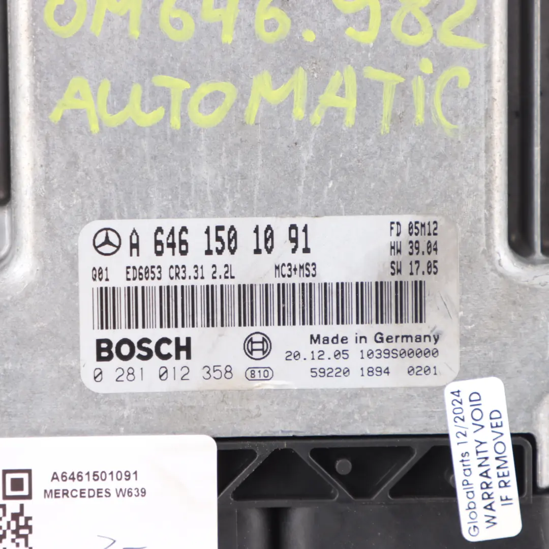 646.982 Engine Control Unit ECU Automatic to Mercedes Vito W639 115 CDI with Part number A6461501091 Mercedes Vito W639 115 CDI 646.982 Engine Control Unit ECU Automatic - SKU A6461501091 - Part number A6461501091