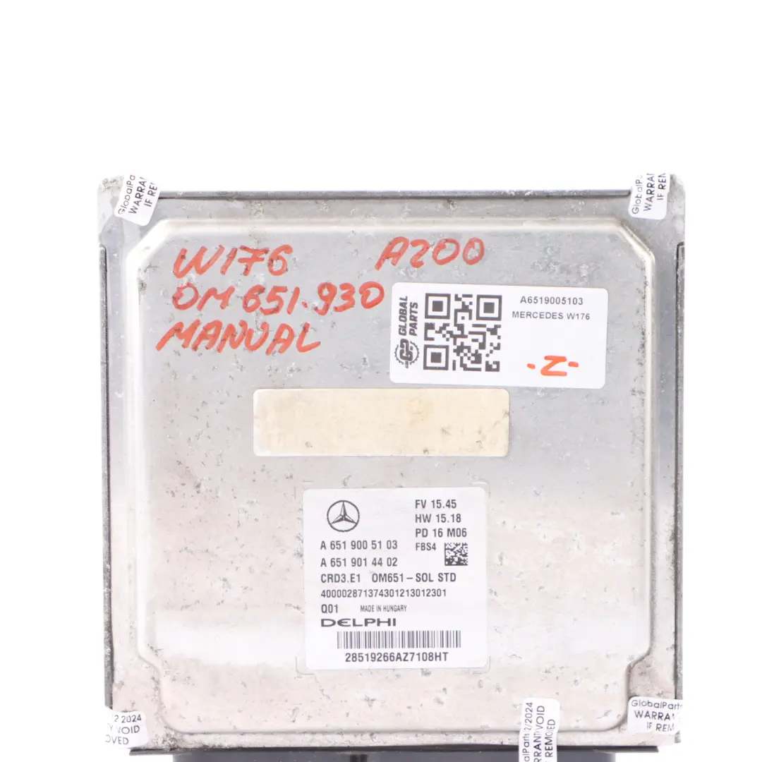 A200 W176 2.1L OM651.930 Engine Control Unit ECU Manual to Mercedes with Part number A6519005103 Mercedes A200 W176 2.1L OM651.930 Engine Control Unit ECU Manual - SKU A6519005103 - Part number A6519005103