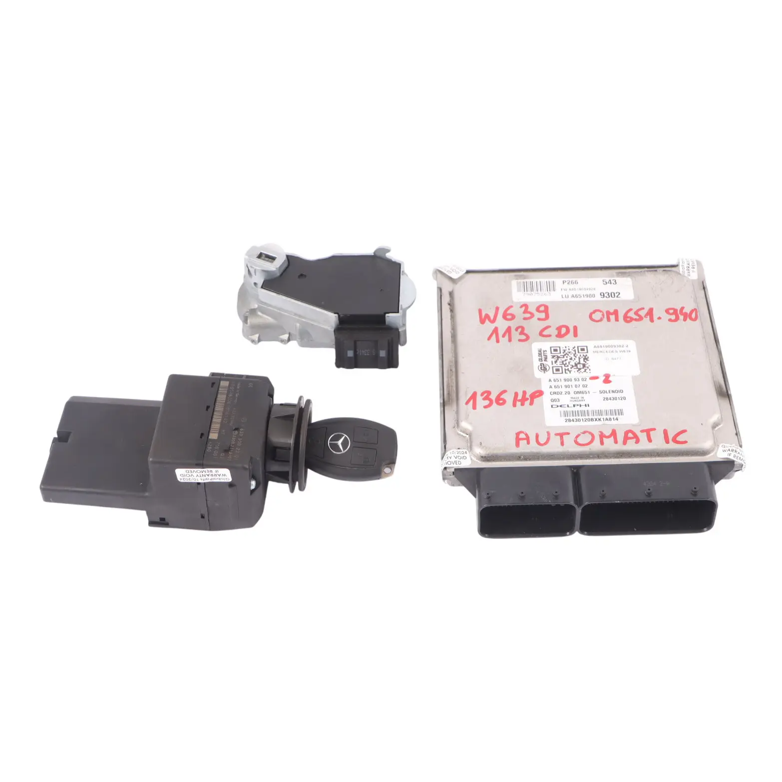 Mercedes W639 113 CDI 651.940 136HP Moteur ECU Kit A6519009302 Serrure clé