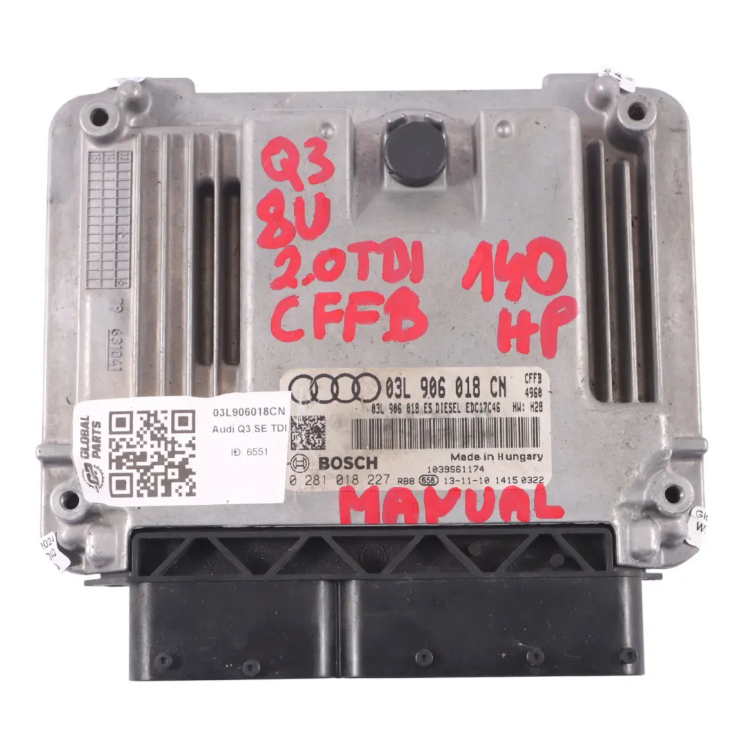 140HP CFFB Quattro Komputer Silnika Manual do Audi Q3 8U 2.0 TDI o numerze 03L906018CN Audi Q3 8U 2.0 TDI 140HP CFFB Quattro Komputer Silnika Manual - SKU 03L906018CN - Numer Części 03L906018CN