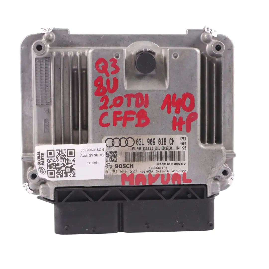 140HP CFFB Quattro control motor ECU Manual para Audi Q3 8U 2.0 TDI con número de pieza 03L906018CN Audi Q3 8U 2.0 TDI 140HP CFFB Quattro control motor ECU Manual - SKU 03L906018CN - Número de pieza 03L906018CN