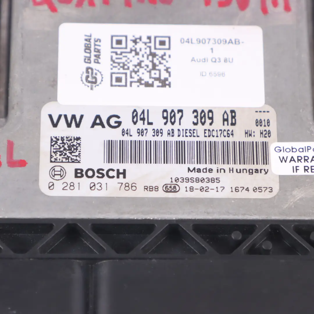 Audi Q3 8U 2.0 TDI DFTA 150HP Motore ECU Kit chiave + accensione - SKU 04L907309AB-1 - Numero di parte 04L907309AB