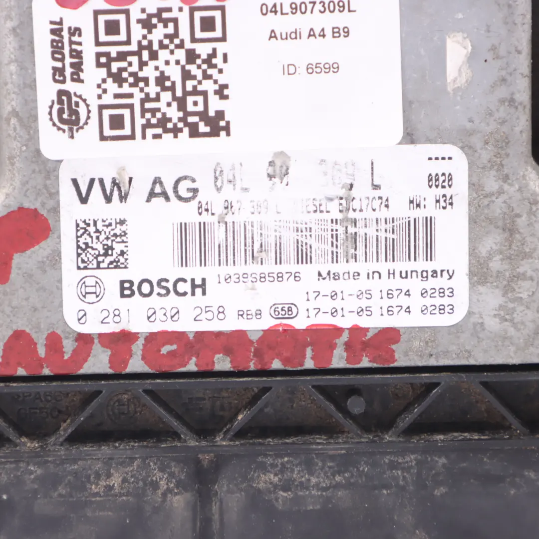 Audi A4 B9 2.0 TDI DETA Quattro Engine Control Unit ECU Automatic - SKU 04L907309L - Part number 04L907309L
