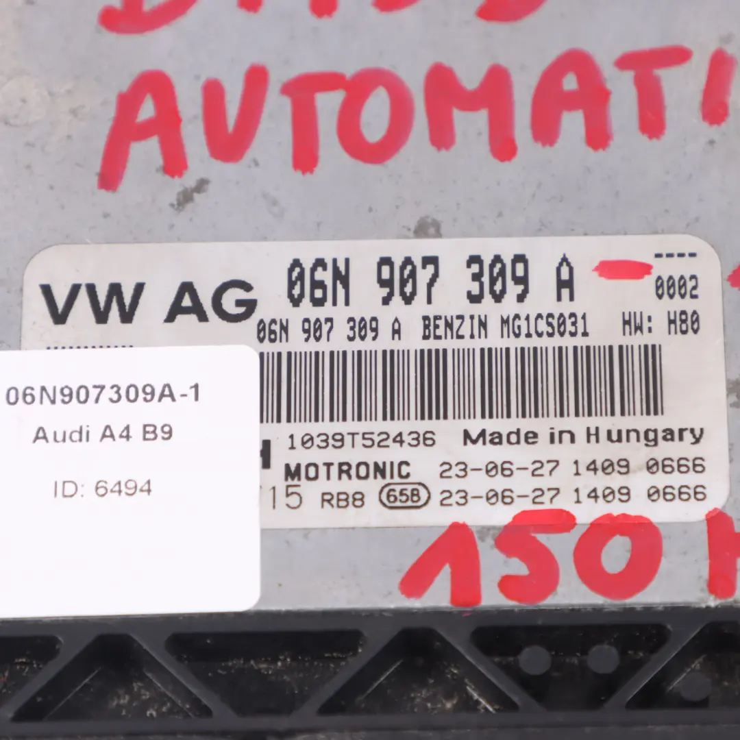 Audi A4 B9 8W 35 TFSI DMSB 150 CV Motore ECU Kit Chiave Automatico - SKU 06N907309A-1 - Numero di parte 06N907309A