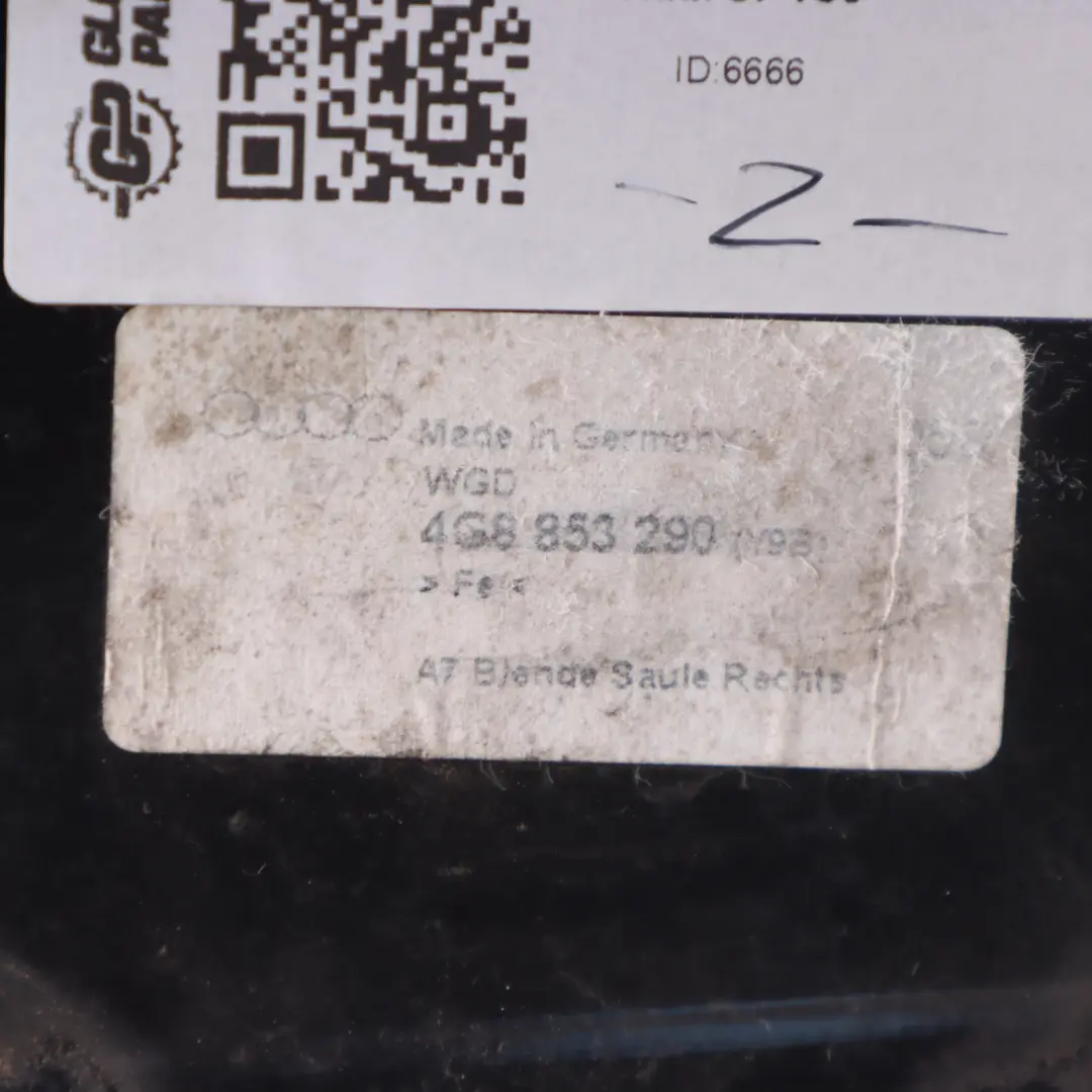 AUDI S7 4G A7 Cache Extérieur Montant B Droit Extérieure Noir Brillant - SKU 4G8853290 - Numéro de pièce 4G8853290