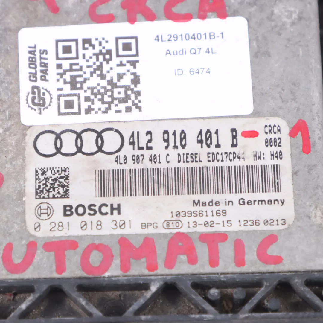 Audi Q7 4L 3.0 TDI CRCA Quattro Komputer Silnika ECU Zestaw - SKU 4L2910401B-1 - Numer Części 4L2910401B