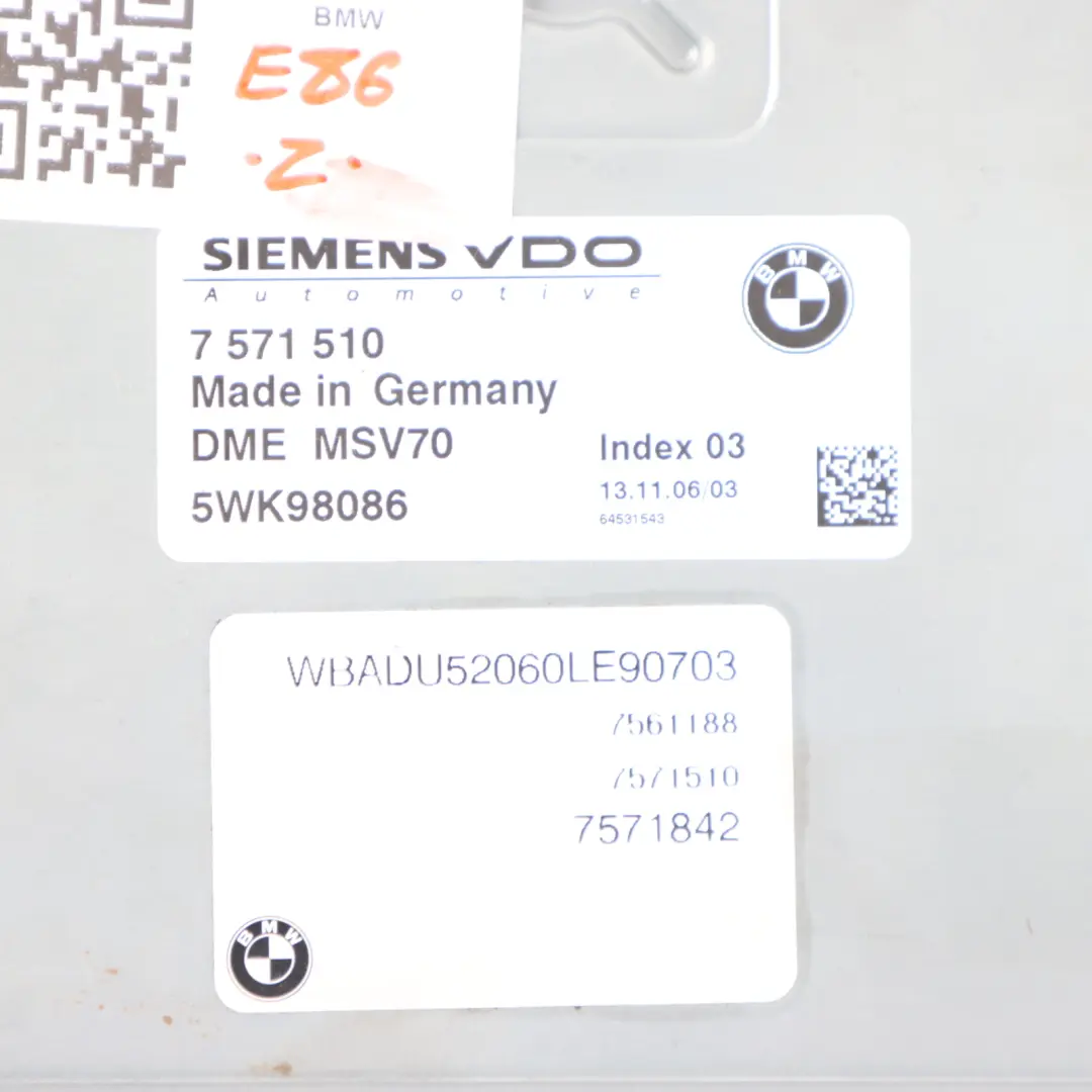 N52 265HP Engine Control Unit ECU DDE Automatic to BMW Z4 E86 Coupe 3.0si with Part number 7571510 BMW Z4 E86 Coupe 3.0si N52 265HP Engine Control Unit ECU DDE Automatic - SKU 7571510-4 - Part number 7571510
