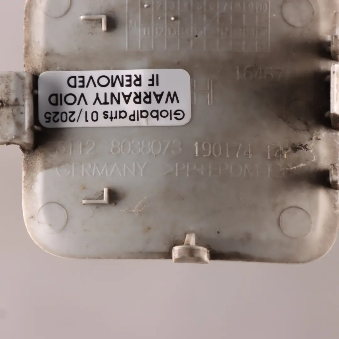 Bumper Tow Eye Cap Cover Left N/S Mineral White - A96 8038073 to BMW X1 E84 Rear with Part number 7845543 BMW X1 E84 Rear Bumper Tow Eye Cap Cover Left N/S Mineral White - A96 8038073 - SKU 7845543-MW - Part number 7845543