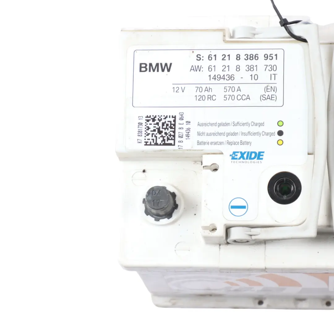 EXIDE 12V Accumulator Battery 70Ah 570A 8381730 to BMW with Part number 8386951 BMW EXIDE 12V Accumulator Battery 70Ah 570A 8381730 - SKU 8386951 - Part number 8386951