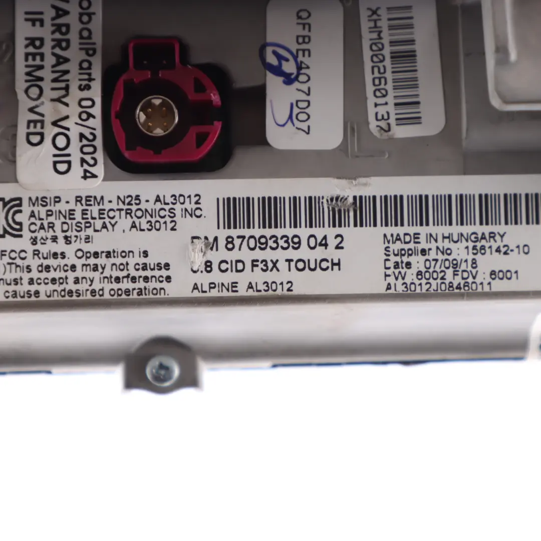 Pantalla Bordo Pantalla Información Monitor Táctil 8,8" para BMW F20 F30 LCI con número de pieza 8709339 BMW F20 F30 LCI Pantalla Bordo Pantalla Información Monitor Táctil 8,8" - SKU 8709339 - Número de pieza 8709339