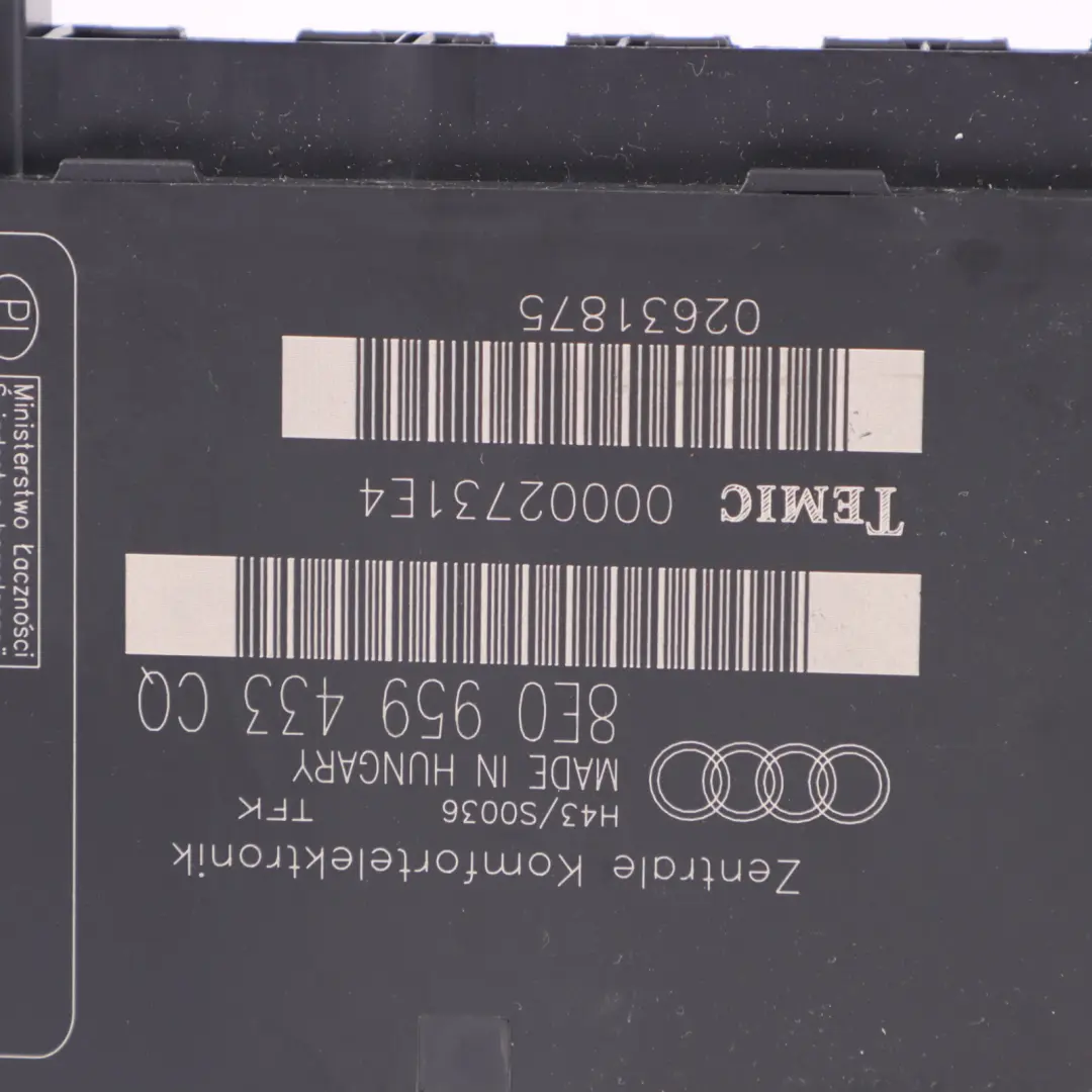 Audi A4 B7 Contrôle confort corps BCM Unité module dalimentation ECU 8E0959433CQ - SKU 8E0959433CR - Numéro de pièce 8E0959433CR