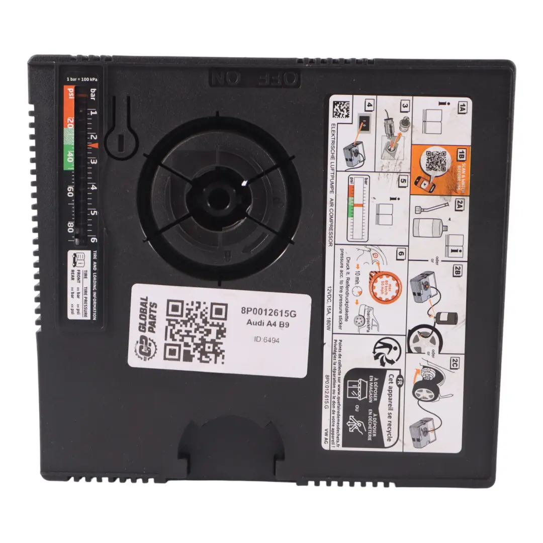 Pompe à air de gonflage des pneus Audi A4 B9 pour à propos du numéro de pièce 8P0012615G Pompe à air de gonflage des pneus Audi A4 B9 - SKU 8P0012615G - Numéro de pièce 8P0012615G
