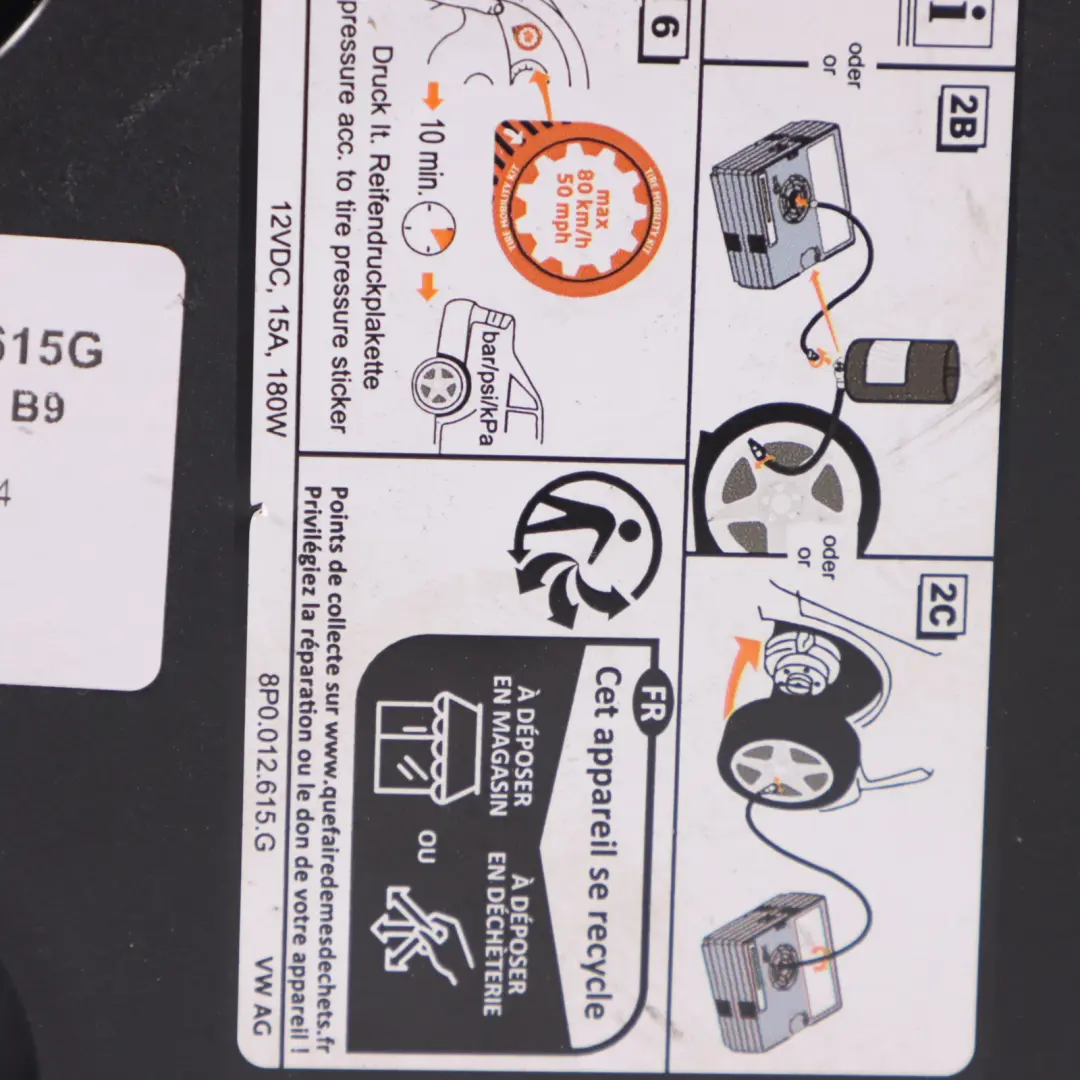 Tyre Inflation Air Pump Compressor to Audi A4 B9 with Part number 8P0012615G Audi A4 B9 Tyre Inflation Air Pump Compressor - SKU 8P0012615G - Part number 8P0012615G