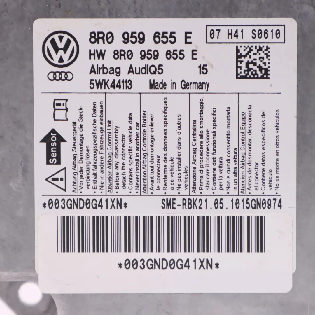 Módulo de Aire SRS Sensor Control del Sistema Unidad ECU para Audi Q5 8R con número de pieza 8R0959655E Audi Q5 8R Módulo de Aire SRS Sensor Control del Sistema Unidad ECU - SKU 8R0959655E - Número de pieza 8R0959655E