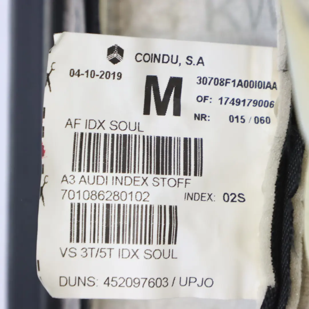 Audi A3 8V Sportback Cojín Asiento Delantero Izquierdo Derecho Tela Soul Negro - SKU 8V0881405AB - Número de pieza 8V0881405AB