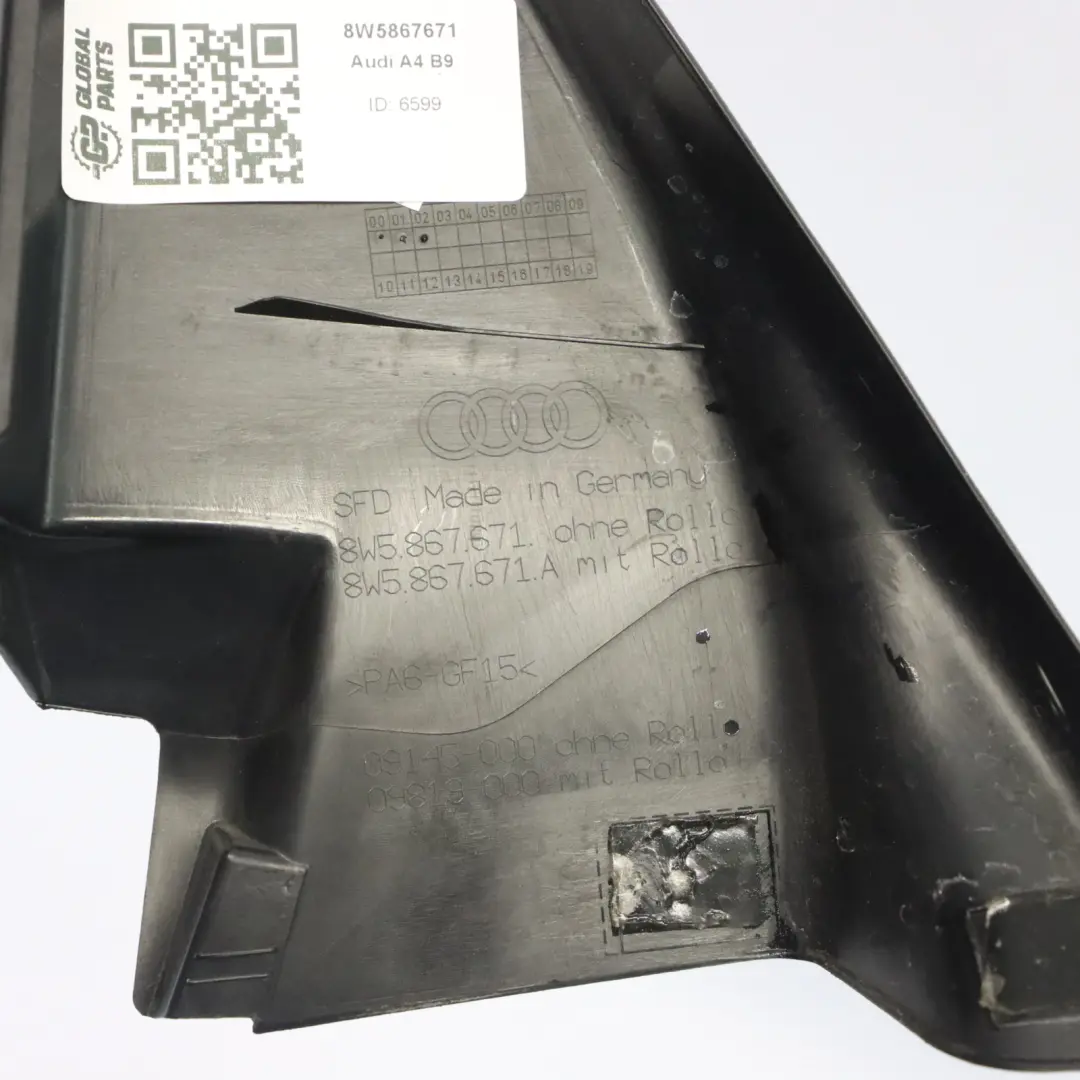 Audi A4 B9 Marco Interior Ventana Puerta Trasera Izquierda Tapa Guía - SKU 8W5867671 - Número de pieza 8W5867671
