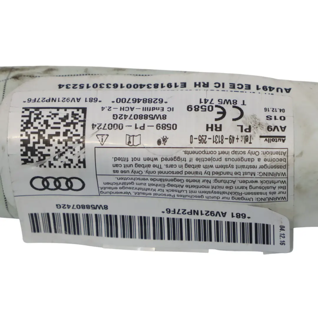 Kurtyna Airbag Poduszka Powietrzna Podsufitki Prawo do Audi A4 B9 o numerze 8W5880742G Audi A4 B9 Kurtyna Airbag Poduszka Powietrzna Podsufitki Prawo - SKU 8W5880742G - Numer Części 8W5880742G