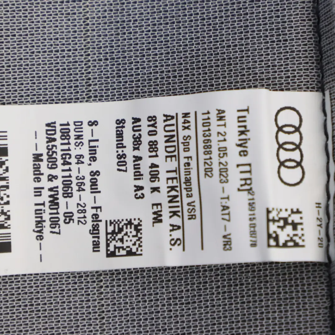 Audi S3 8Y Sport Sitzkissen Vorne Rechts Beheizt Leder Seele Schwarz Grau - SKU 8Y0881406K - Teilenummer 8Y0881406K