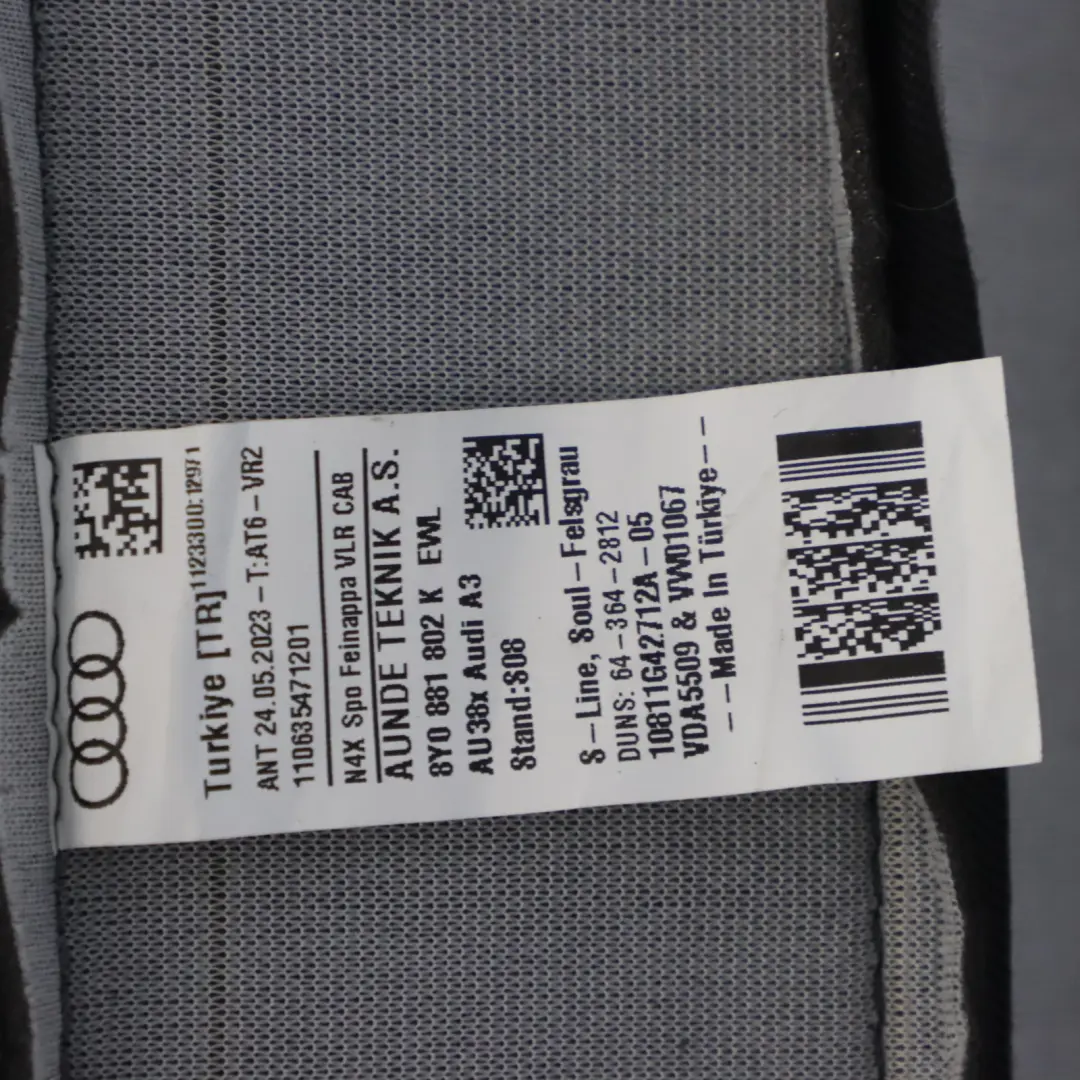 Audi S3 8Y Sportsitz Rückenlehne Vorne Rechts Beheizt Leder Seele Schwarz Grau - SKU 8Y0881802K - Teilenummer 8Y0881802K