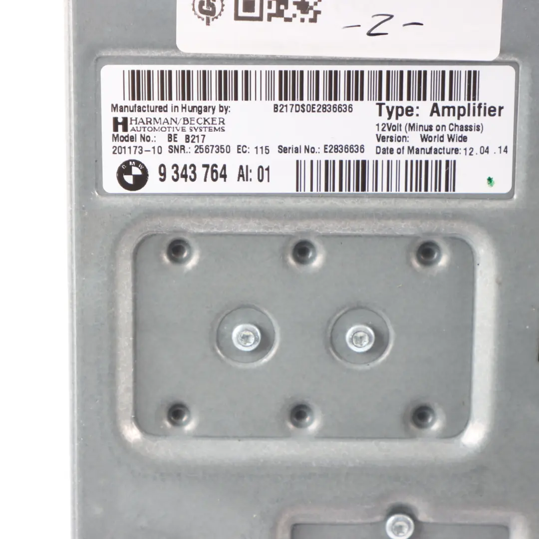 Audio Amplifier BMW F01 F10 F11 F12 Unit Harman Kardon Top HIFI System to with Part number 9343764 Audio Amplifier BMW F01 F10 F11 F12 Unit Harman Kardon Top HIFI System - SKU 9343764 - Part number 9343764