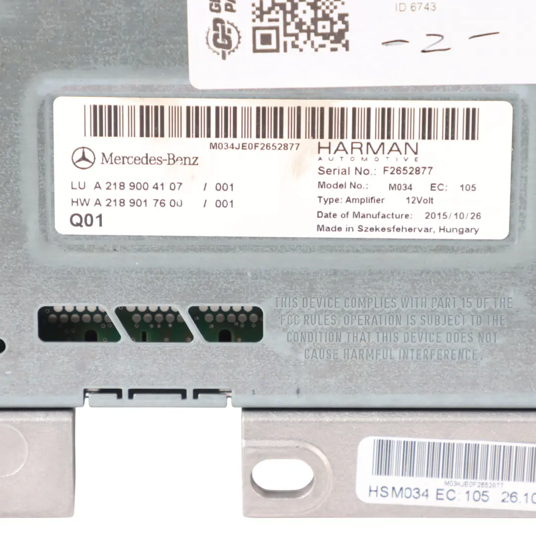 Sound Audio Amplifier Mercedes C117 A207 C218 Unit Harman Kardon to with Part number A2189004107 Sound Audio Amplifier Mercedes C117 A207 C218 Unit Harman Kardon - SKU A2189004107 - Part number A2189004107