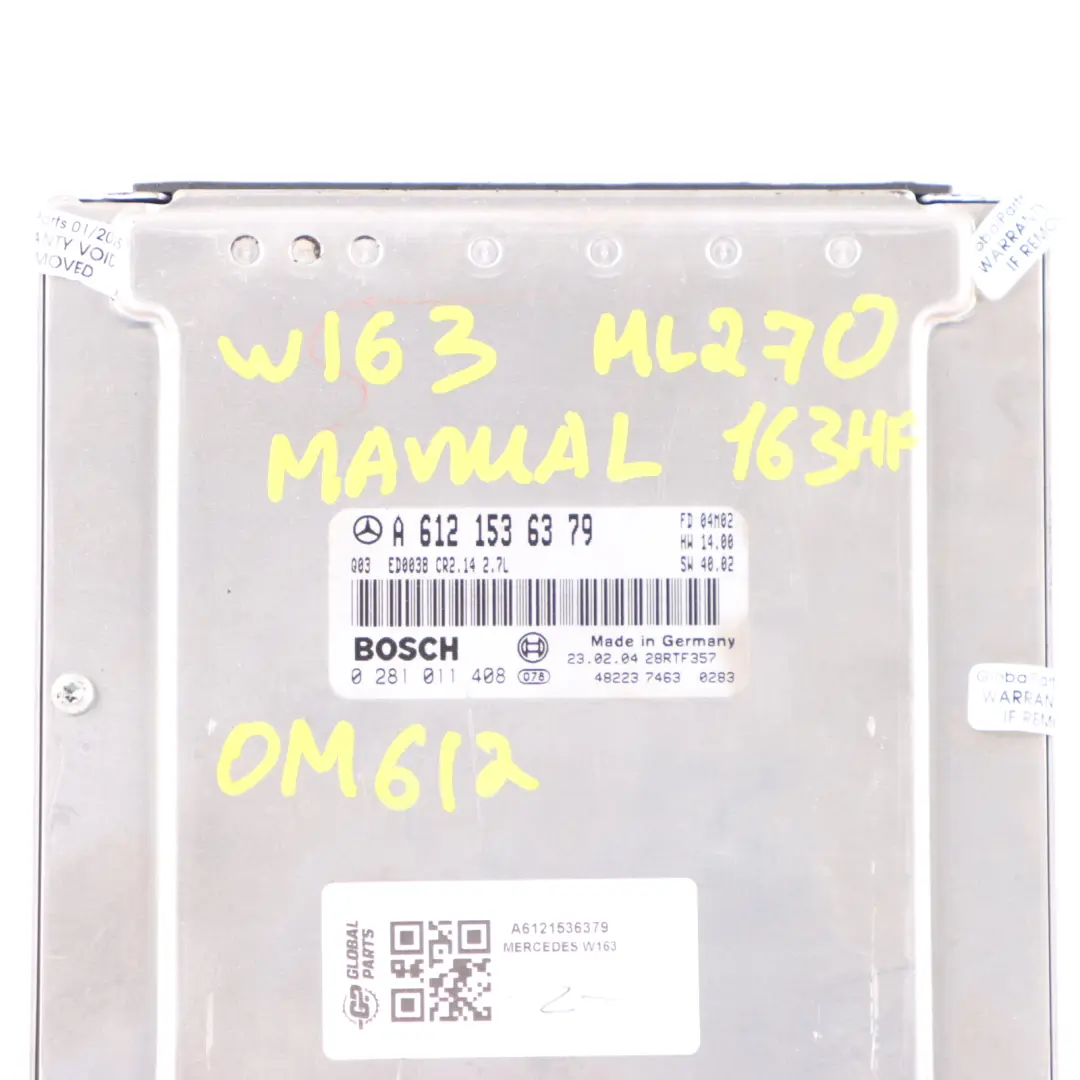 OM612 163HP Engine Control Unit ECU Manual to Mercedes ML W163 270 CDI with Part number A6121536379 Mercedes ML W163 270 CDI OM612 163HP Engine Control Unit ECU Manual - SKU A6121536379 - Part number A6121536379