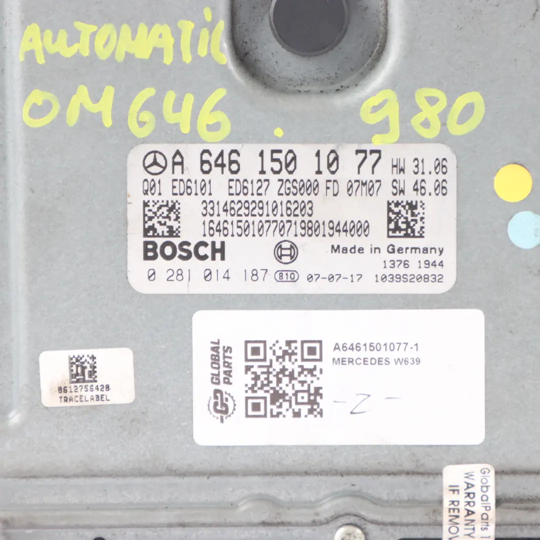 Mercedes Vito W639 OM646.980 Engine ECU Control Unit Automatic - SKU A6461501077-1 - Part number A6461501077