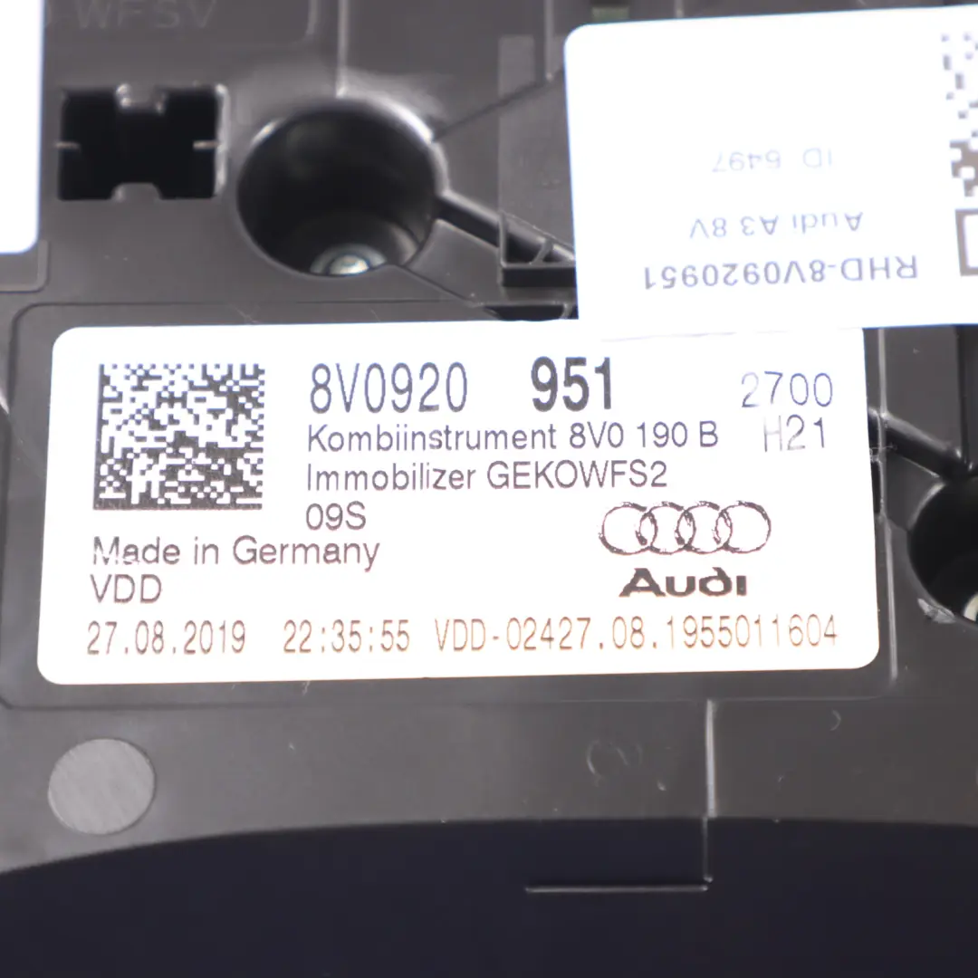 Instrument Cluster Speedo Meter Clocks Manual to Audi A3 8V Diesel with Part number 8V0920951 Audi A3 8V Diesel Instrument Cluster Speedo Meter Clocks Manual - SKU RHD-8V0920951 - Part number 8V0920951