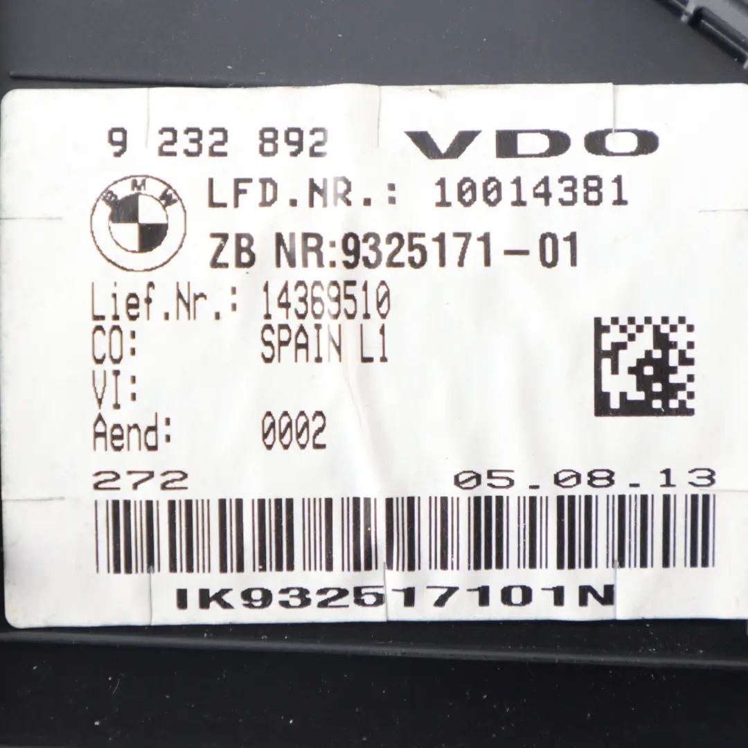 Instrument Cluster BMW F20 F21 F23 Diesel Speedo Clocks Meter Manual to with Part number 9325171 Instrument Cluster BMW F20 F21 F23 Diesel Speedo Clocks Meter Manual - SKU RHD-9325171 - Part number 9325171