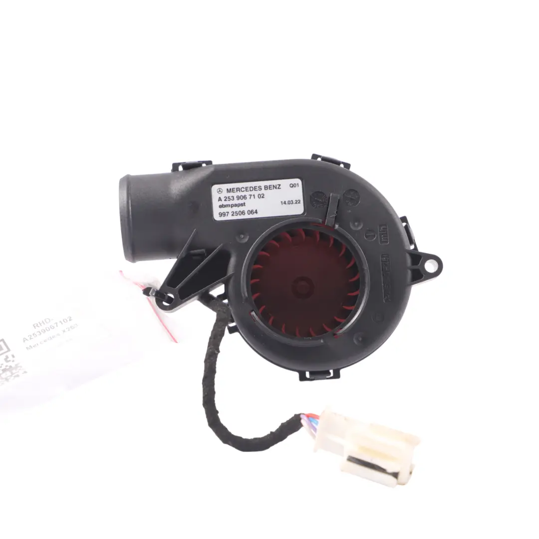 Heater Blower Motor Fan Assembly to Mercedes X253 with Part number A2539067102 Mercedes X253 Heater Blower Motor Fan Assembly - SKU RHD-A2539067102 - Part number A2539067102