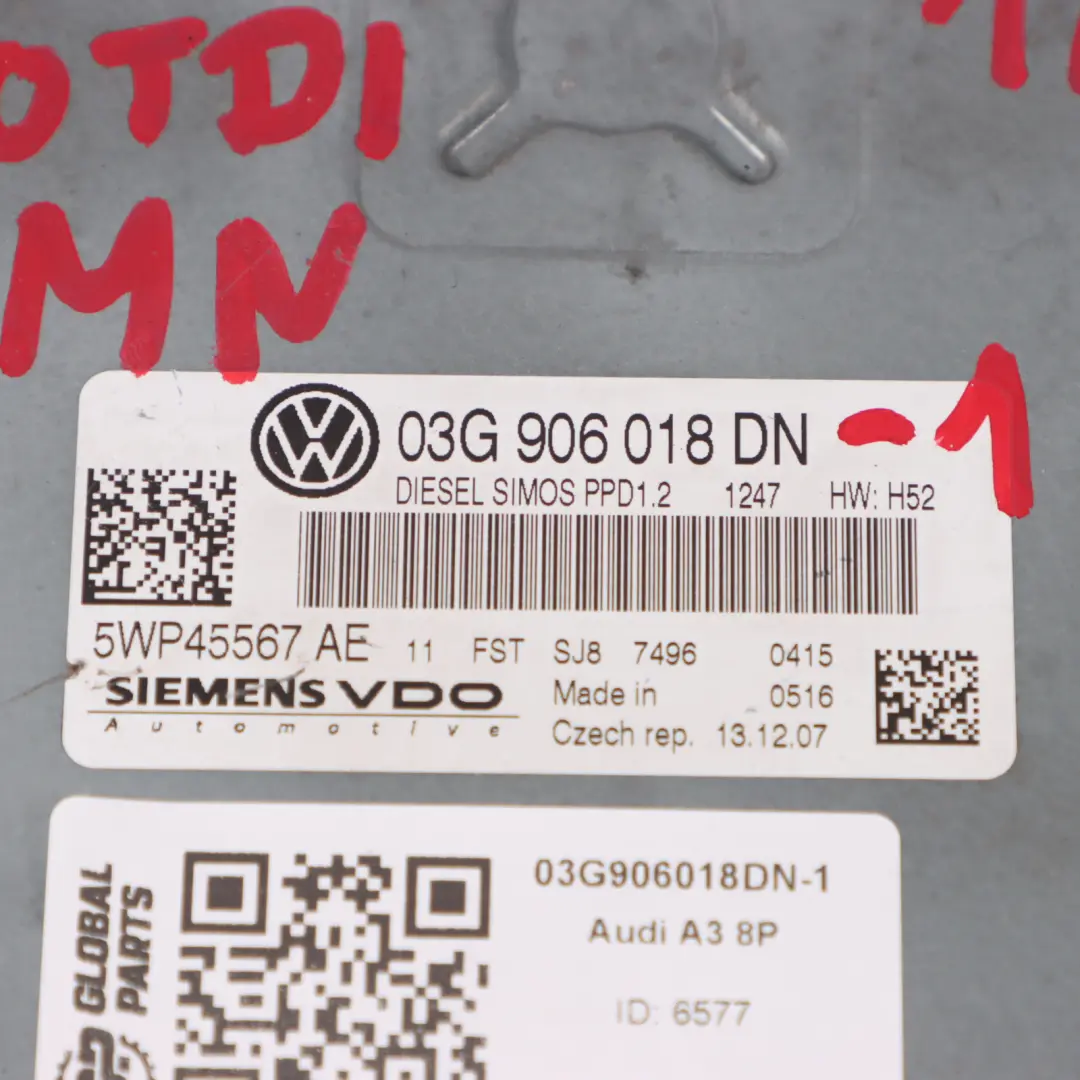 170HP BMN Engine ECU Kit Key + Ignition Manual Audi A3 8P 2.0 TDI - SKU 03G906018DN-1 - Part number 03G906018DN