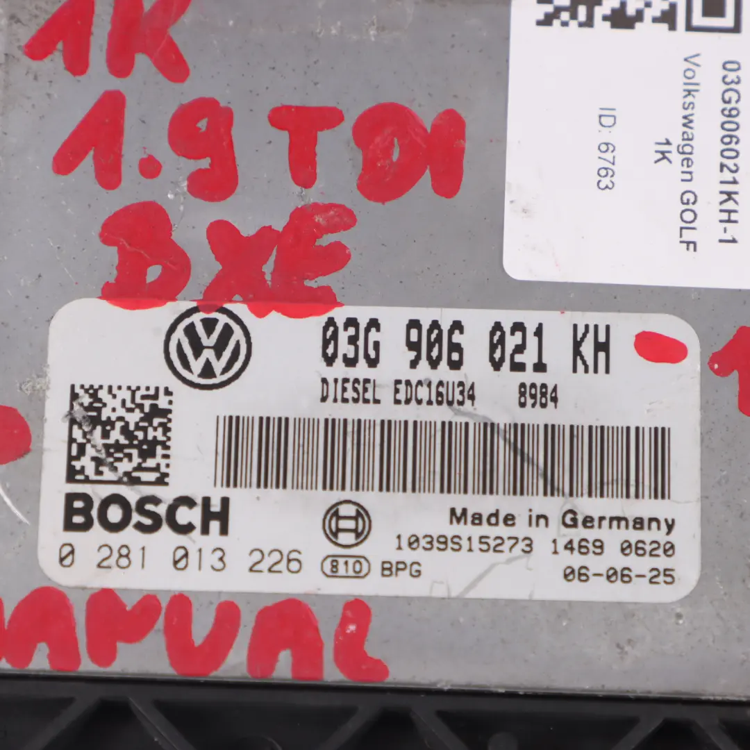  Kit ECU moteur Volkswagen Golf Mk5 1.9 TDI 105HP BXE Allumage + Clé - SKU 03G906021KH-1 - Numéro de pièce 03G906021KH