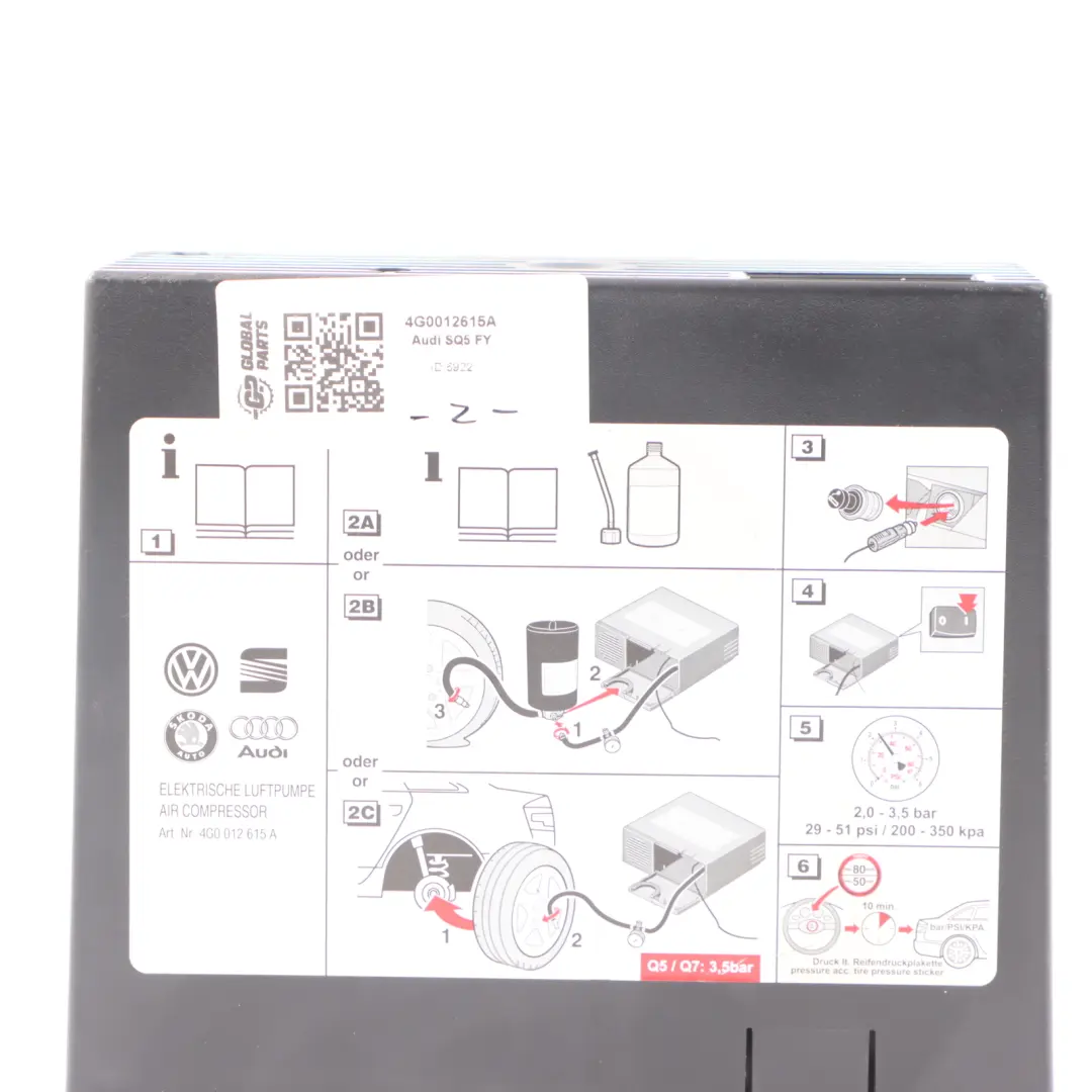 Emergenza Compressore Pneumatici Ruota Pompa per Audi Volkswagen Skoda con numero di parte 4G0012615A Audi Volkswagen Skoda Emergenza Compressore Pneumatici Ruota Pompa - SKU 4G0012615A - Numero di parte 4G0012615A