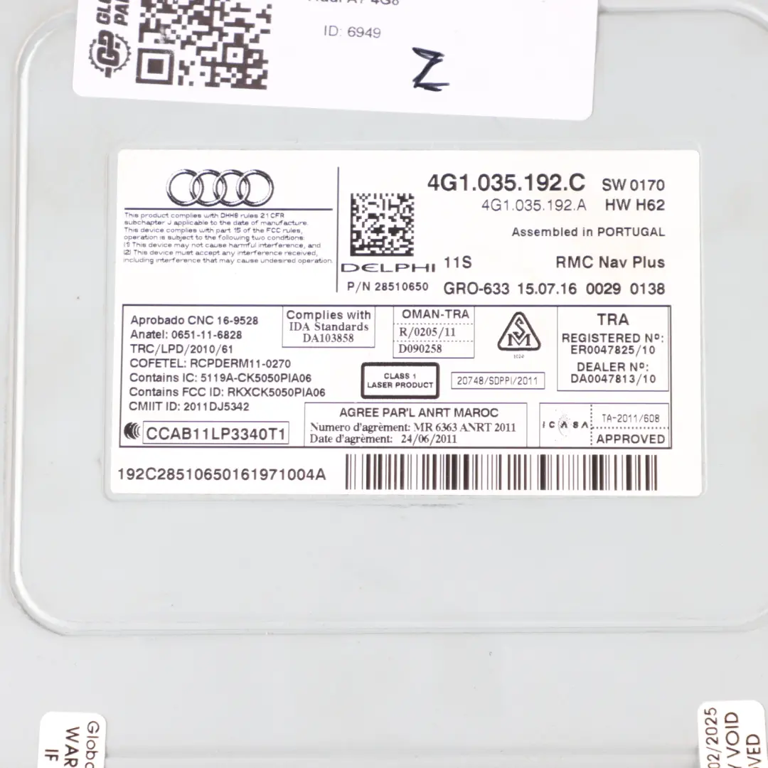 Audi A7 4G8 MMI Multimedia Sat Nav Navigation Control Head Unit - SKU 4G1035192C - Part number 4G1035192C