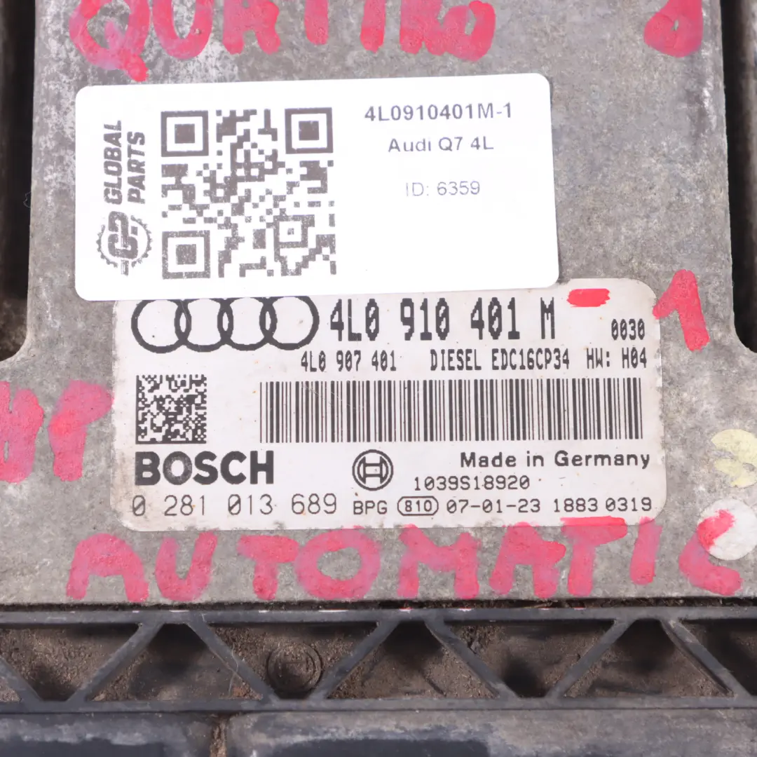  Kit ECU Moteur Audi Q7 4L 3.0 TDI BUG 233HP Quattro Serrure + Clé - SKU 4L0910401M-1 - Numéro de pièce 4L0910401M