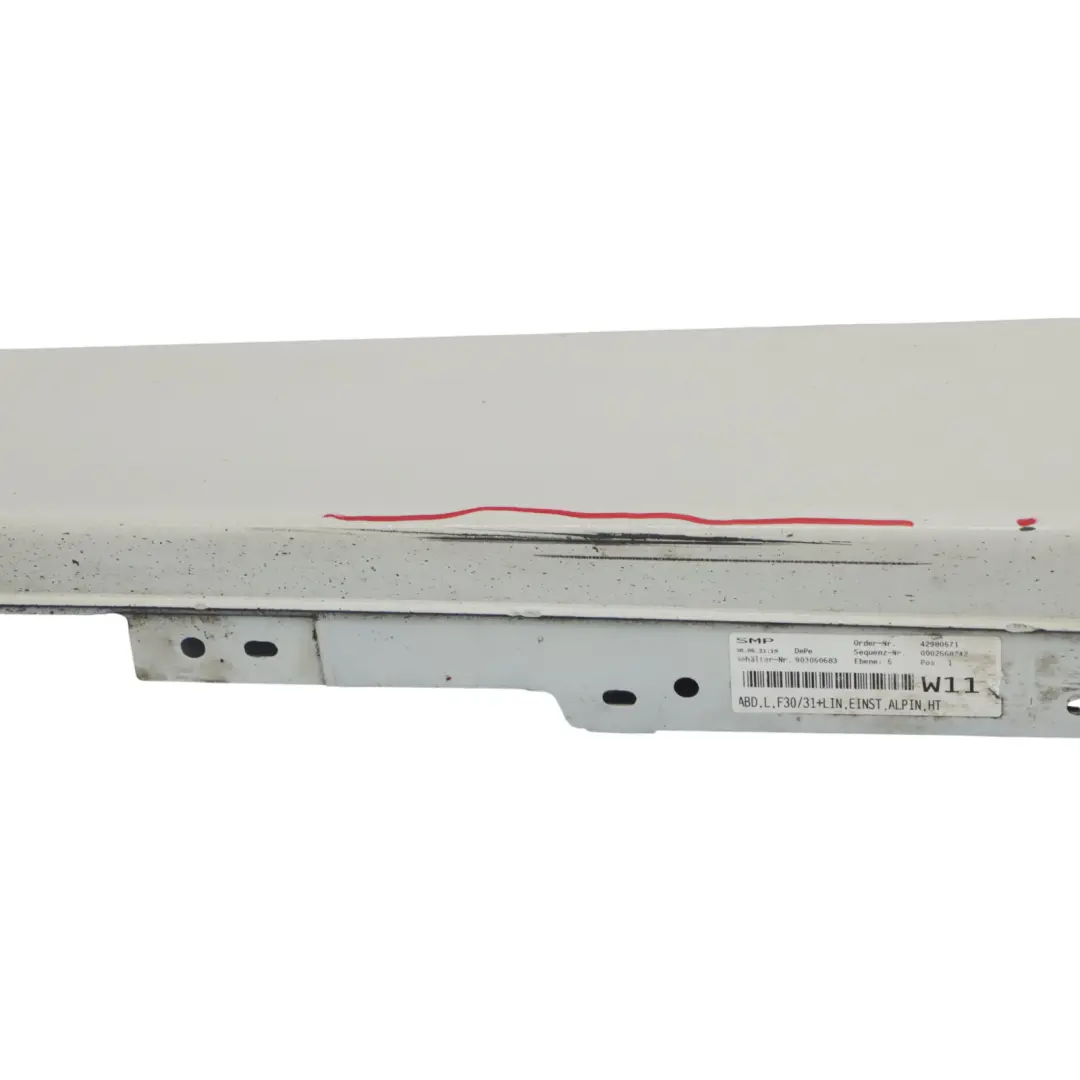 Moldura de umbral lateral cubierta izquierdo Alpinweiss 3 - 300 para BMW F30 F31 con número de pieza 7312751 BMW F30 F31 Moldura de umbral lateral cubierta izquierdo Alpinweiss 3 - 300 - SKU 7312751-AW2 - Número de pieza 7312751