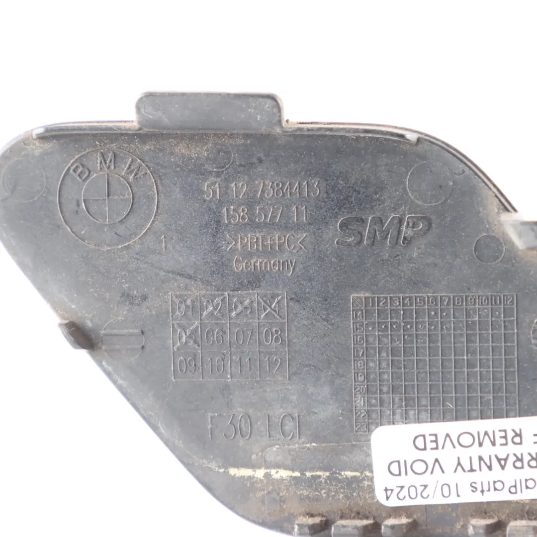 Bumper Towing Tow Hook Eye Cover Black Sapphire 475 to BMW F30 LCI Rear with Part number 7384413 BMW F30 LCI Rear Bumper Towing Tow Hook Eye Cover Black Sapphire 475 - SKU 7384413-BS - Part number 7384413