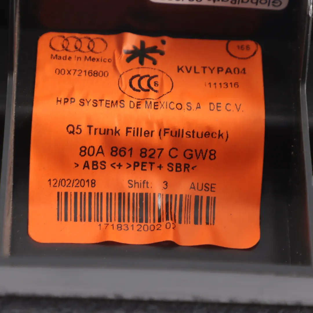 Boot Trunk Interior Trim Cover Panel Left N/S to Audi Q5 FY Rear with Part number 80A861827C Audi Q5 FY Rear Boot Trunk Interior Trim Cover Panel Left N/S - SKU 80A861827C - Part number 80A861827C