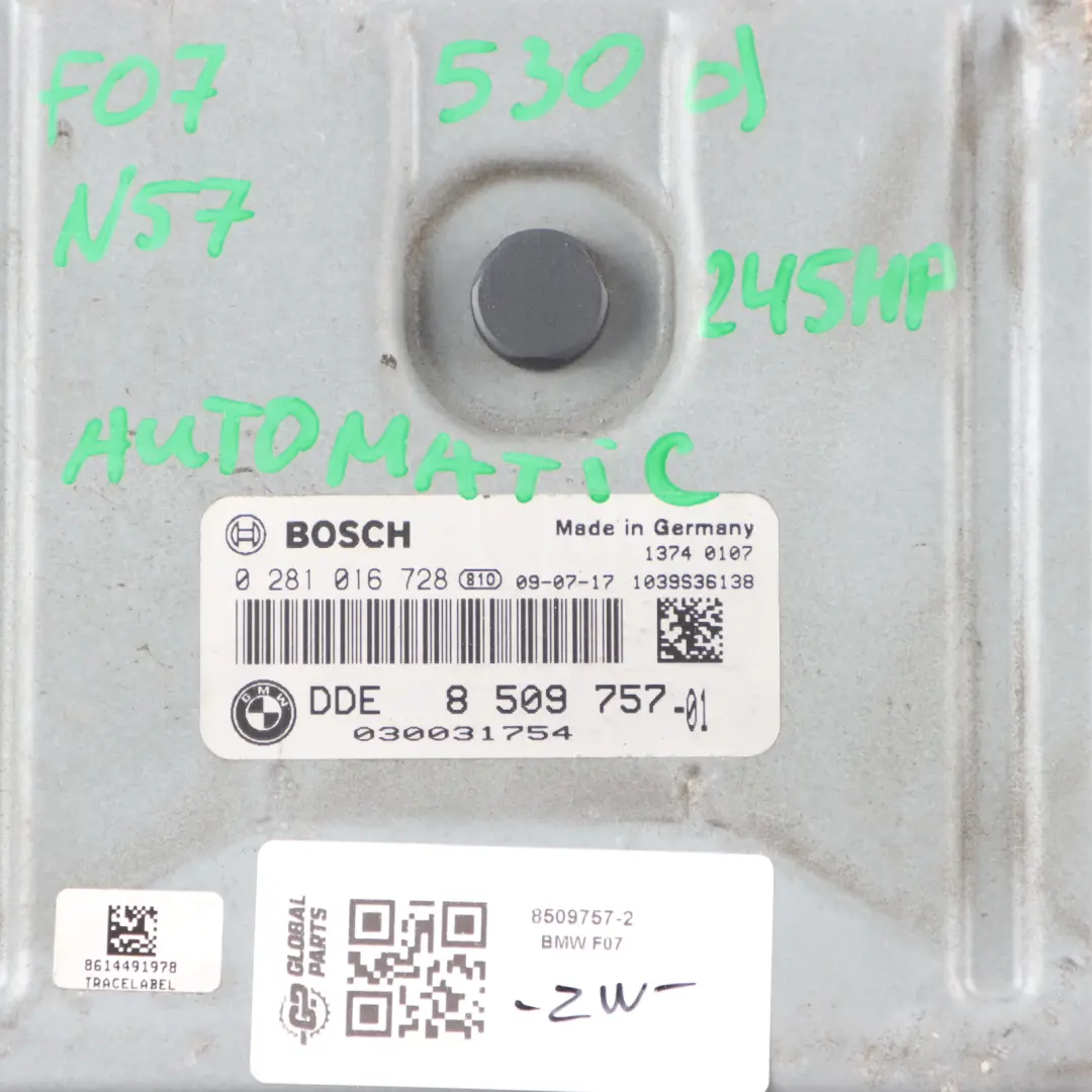 N57 245HP Engine ECU Kit DDE CAS4 Key Automatic to BMW F07 530d F01 730d with Part number 8509757 BMW F07 530d F01 730d N57 245HP Engine ECU Kit DDE CAS4 Key Automatic - SKU 8509757-2 - Part number 8509757