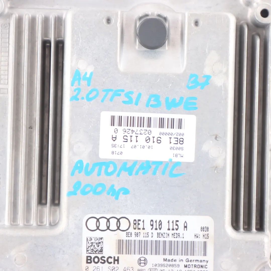 200HP BWE Quattro Engine Control Unit ECU to Audi A4 B7 2.0 TFSI with Part number 8E1910115A Audi A4 B7 2.0 TFSI 200HP BWE Quattro Engine Control Unit ECU - SKU 8E1910115A - Part number 8E1910115A