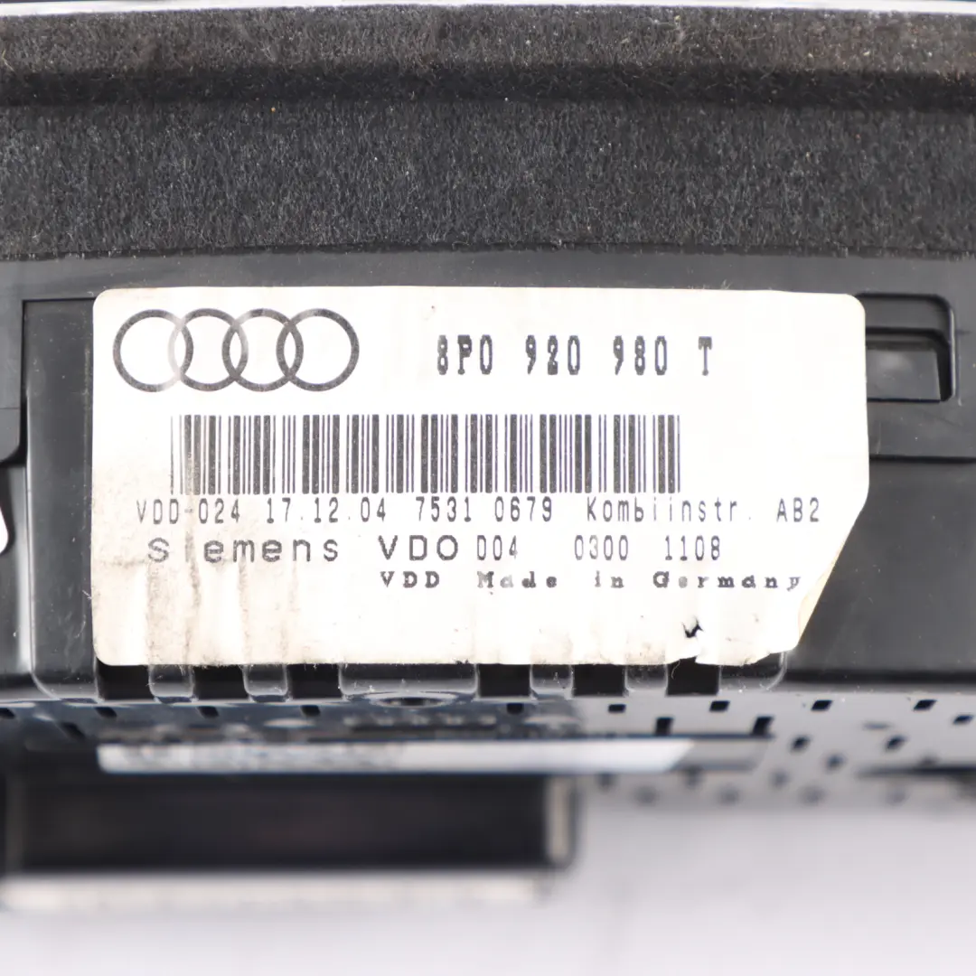 Audi A3 8P Petrol Instrument Cluster Speedometer Cluster Manual - SKU RHD-8P0920980T - Part number 8P0920980T