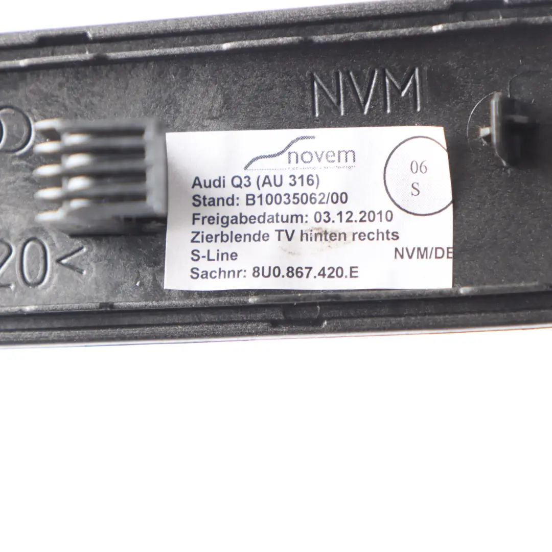 Door Card Trim Cover Strip Right O/S Brushed Aluminium to Audi Q3 8U Rear with Part number 8U0867420 Audi Q3 8U Rear Door Card Trim Cover Strip Right O/S Brushed Aluminium - SKU 8U0867420 - Part number 8U0867420