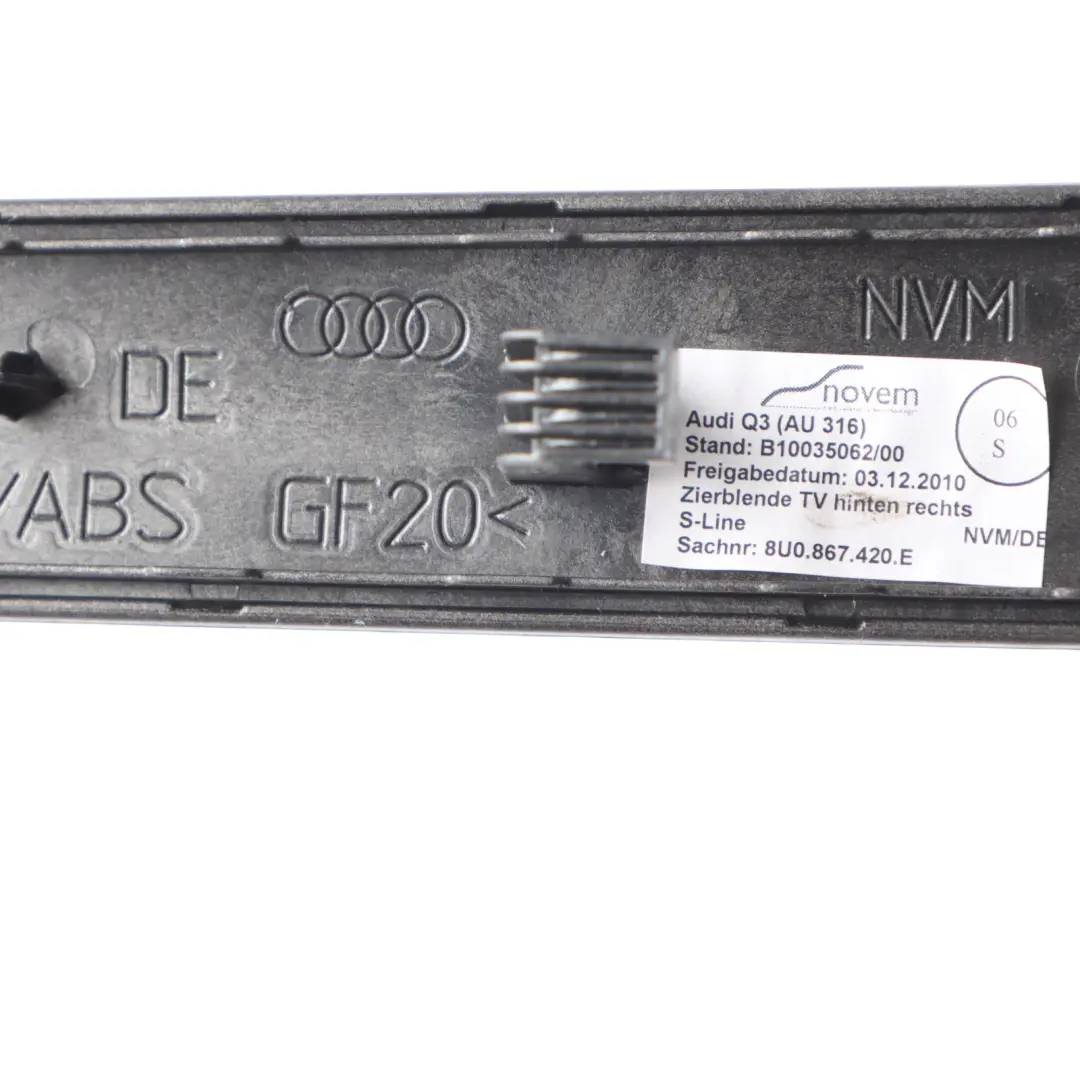 Door Card Trim Cover Strip Right O/S Brushed Aluminium to Audi Q3 8U Rear with Part number 8U0867420 Audi Q3 8U Rear Door Card Trim Cover Strip Right O/S Brushed Aluminium - SKU 8U0867420 - Part number 8U0867420